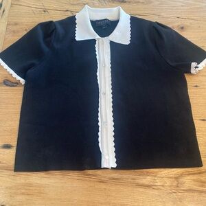 Laundry Women’s Black and White Button Down Short Sleeve Sweater Shirt Large Pre